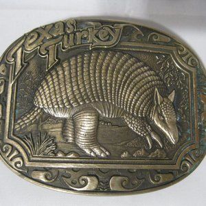 Rare  Brass Belt Buckle Texas Turkey Armadillo Vtg